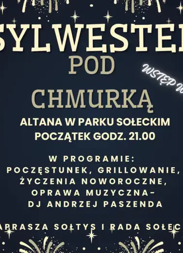 plakat z informacjami o sylwestrze pod chmurką
