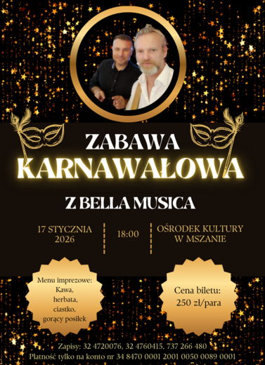 plakat z informacjami o zabawie karnawałowej