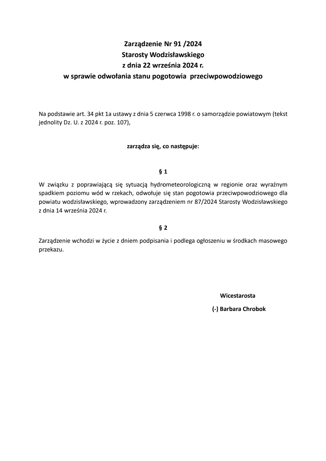 Zarządzenie starosty powiatu Wodzisławskiego o&nbsp;odwołaniu stanu pogotowia przeciwpowodziowego w&nbsp;powiecie 