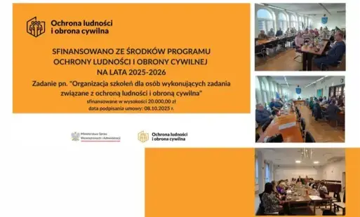 Na pomarańczowym tle logo Ochrony Ludności i Obrony cywilnej. Napis: SFINANSOWANO ZE ŚRODKÓW PROGRAMU OCHRONY LUDNOŚCI I OBRONY CYWILNEJ NA LATA 2025-2026 Zadanie pn. 'Organizacja szkoleń dla osób wykonujących zadania związane z ochroną ludności i obroną 